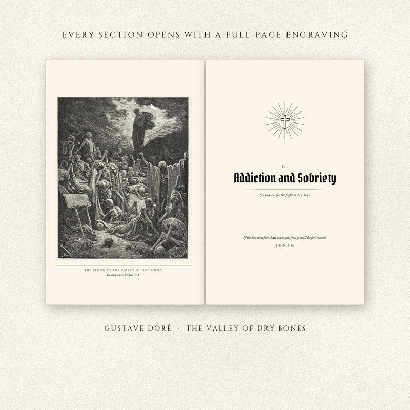 The book open to a spread: Doré's Vision of the Valley of Dry Bones facing the opening of the Addiction and Sobriety section.