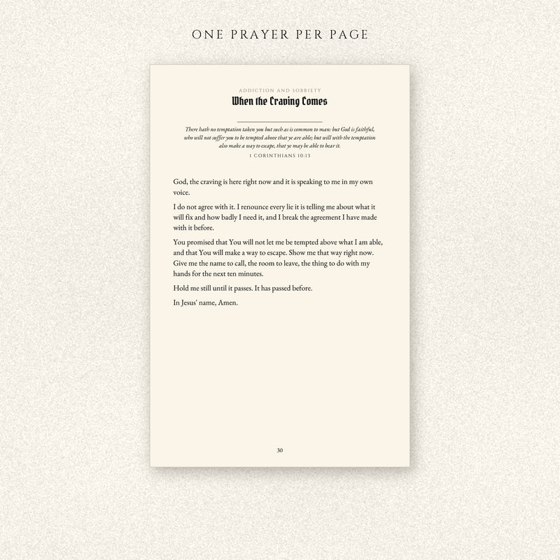 A single page of the book: the prayer When the Craving Comes, with 1 Corinthians 10:13 printed above it.