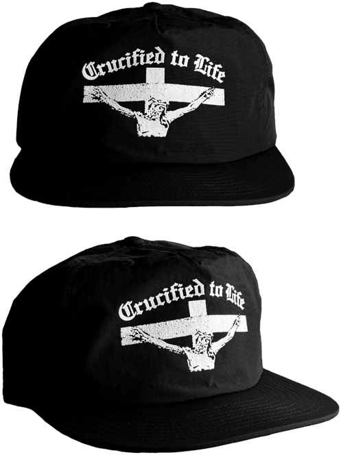 Crucified to Life hat by War Within, black with white crucifix print, front and side view
