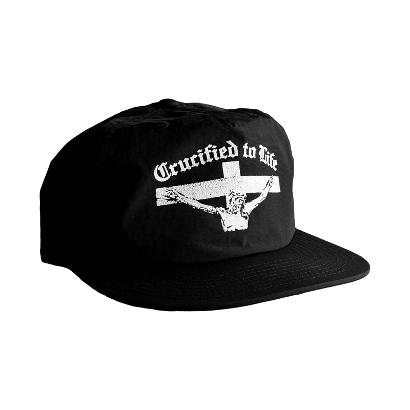 Crucified to Life hat, black, three-quarter angle view
